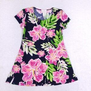 Ivy Lane Floral Tunic Top PM Petite Medium Navy Pink Tropical Hibiscus Summer